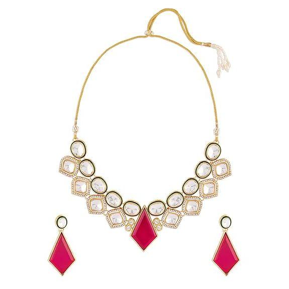 Pink Stone Green Meenakari Austrian Diamonds Embellished Necklace & Earring Set For Women