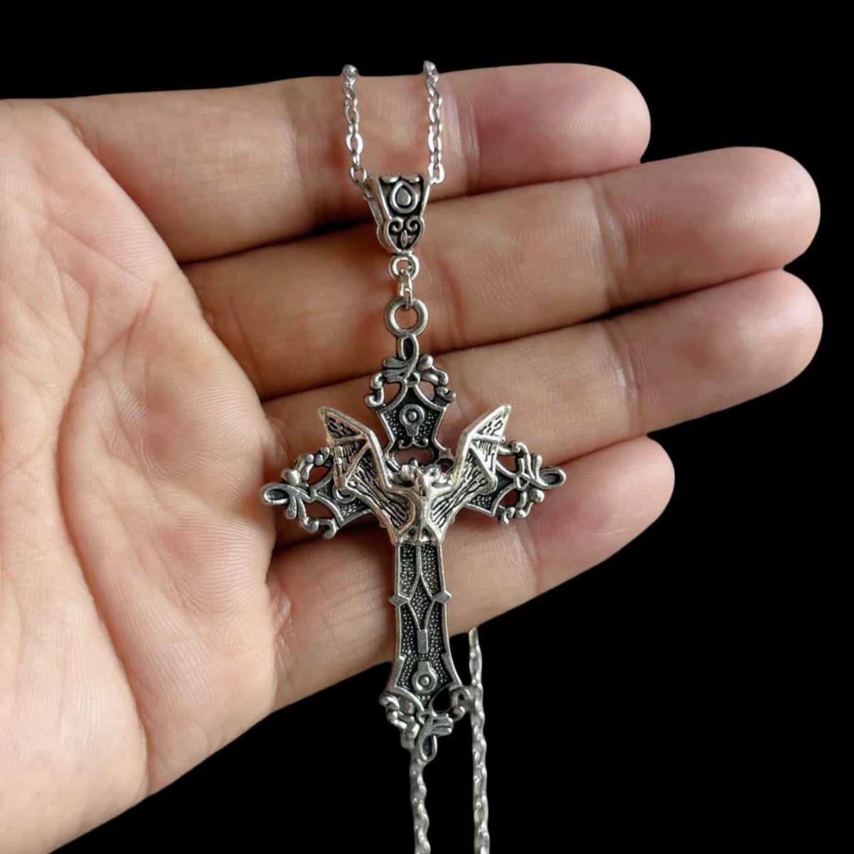 Baroque Gothic Bat Cross Necklace with 1980s Madonna Pendant 1