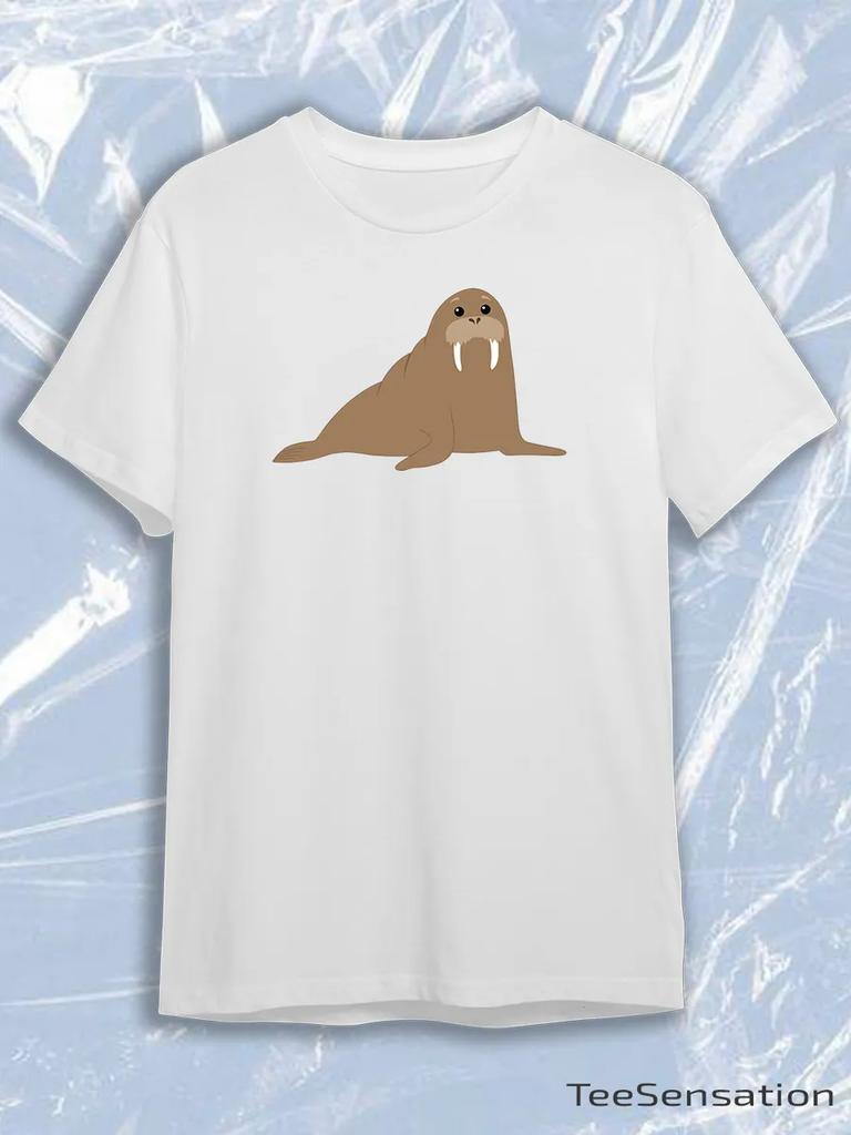 TeeSensation White Crew Neck Short Sleeve T-Shirt with Simple Brown Cartoon Walrus Flat Illustration Print