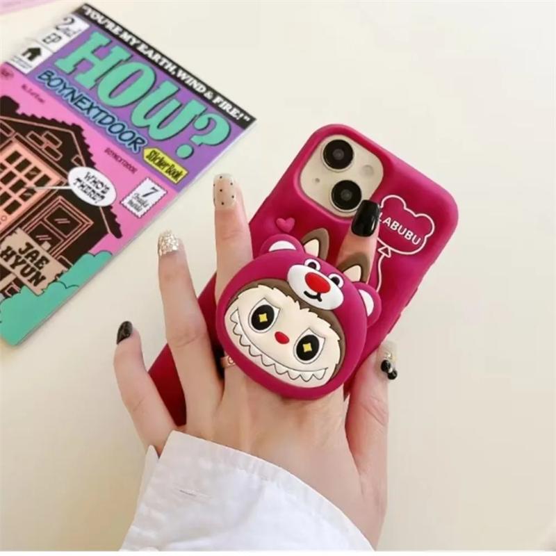 3D Cute Funny Cartoon Lotso Hat Labubu Holder Phone Case For iPhone 17 16 15 14 13 12 11 Pro Max Soft Silicone Cover