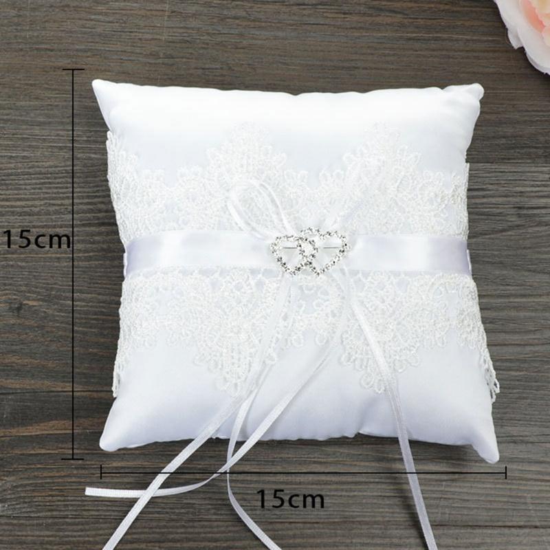 15cm Elegant Double Heart Rings Cushion Decor Delicate Lace Rings Pillow Bridal Rings Pillow for Wedding Dating Ceremony