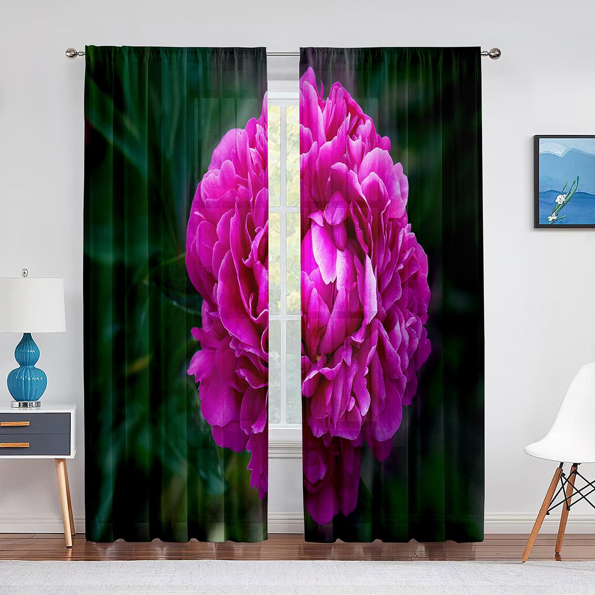 Тюлевые шторы с розовым пионом и зелеными листьями для гостиной — фото 8
