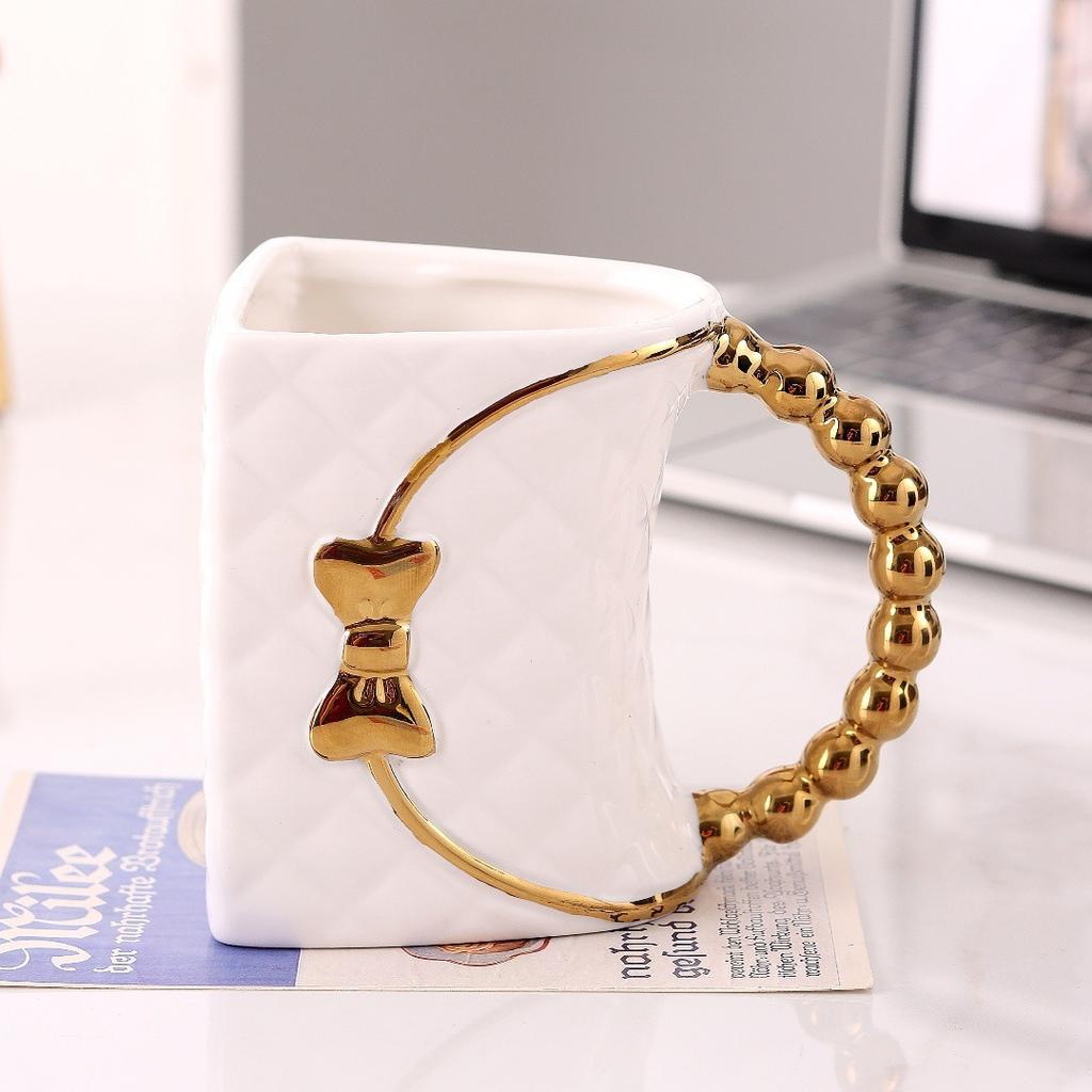 Light Luxury Nordic Wind Plating Bow Mug Personalized Bag Shaped Ceramic Cup Home Couple's Breakfast Cup