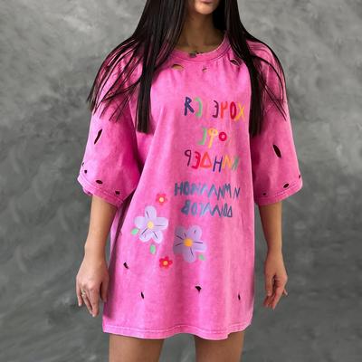Vintage Do Old Broken Hole Short Sleeve T-shirt Women's Outwear Floral Letters Loose Tops