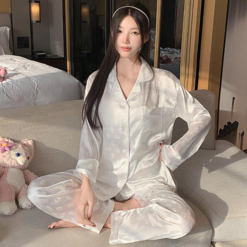 Silky Ice Silk Pajamas Women'S Spring And Autumn Cartoon Jiyika Wow Small Eight Long-Sleeved Casual Loungewear Two-Piece Set