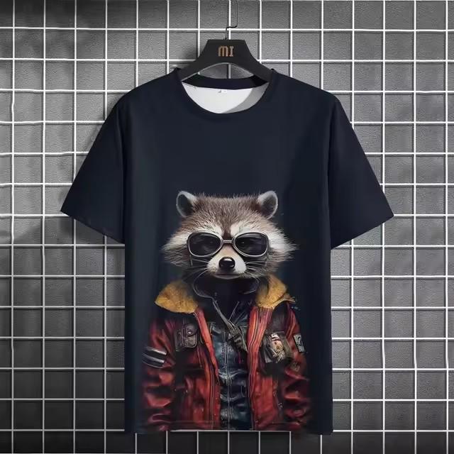 Fun 3D Printed Summer Men's T-shirt Animal Raccoon T-shirt Casual Short Sleeved Oversized T-shirt