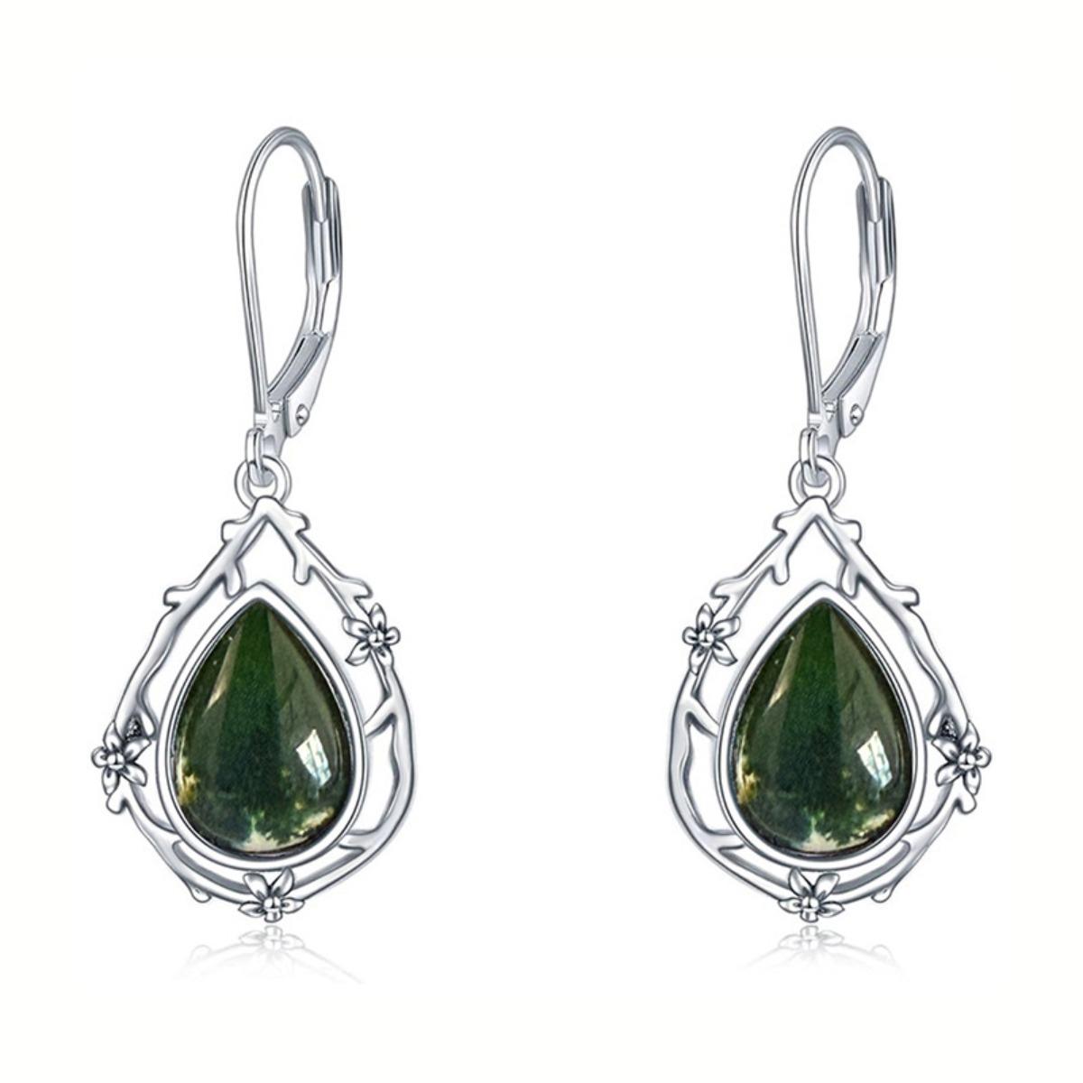 Nature Inspired Teardrop Green Ornament with Flower Frame Dangle Earrings