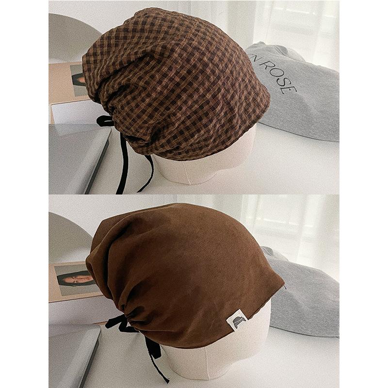 Double-sided Suede Polished Headscarf Hat Women's Autumn and Winter Literary and Retro Plaid Headgear Stacking Hat Cold Hat