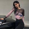 Women See Through Drawstring Mesh Crop Top T-shirt Cut Out Long Sleeve Designer Top