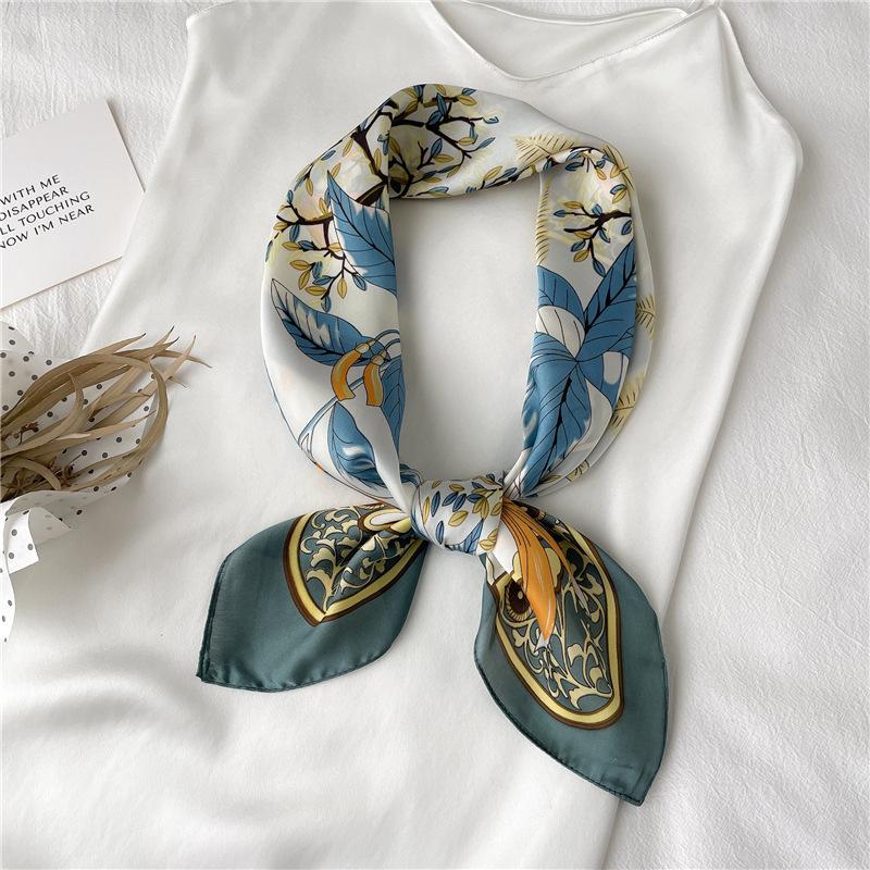 European and American Style Leaf Silk Scarf Women's Scarf Autumn and Winter Thin Neck Protection Scarf Simulation Silk Small Square Scarf 71cm Decor