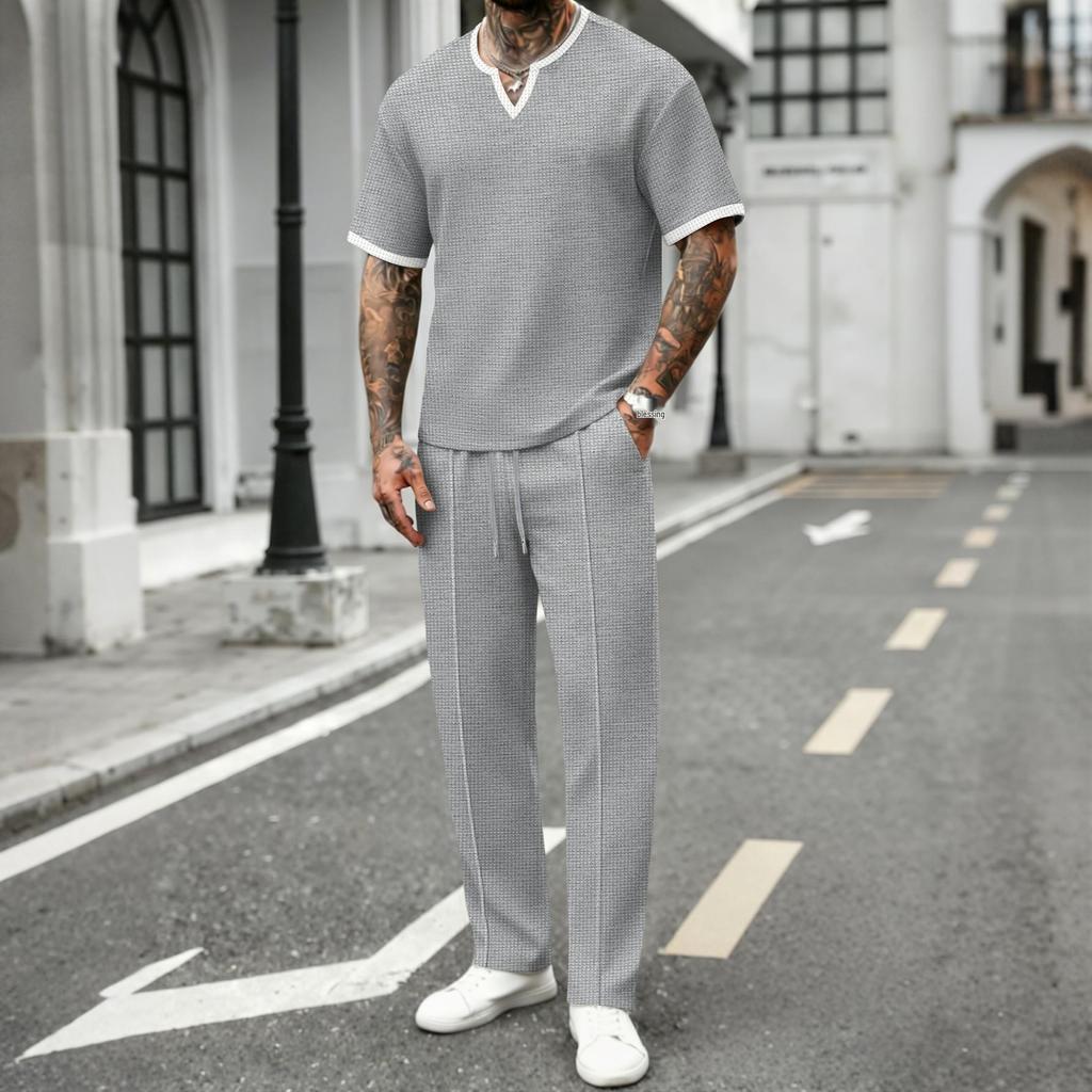 Men's Summer V-neck Waffle T-shirt & Long Pants Streetwear Sports Set