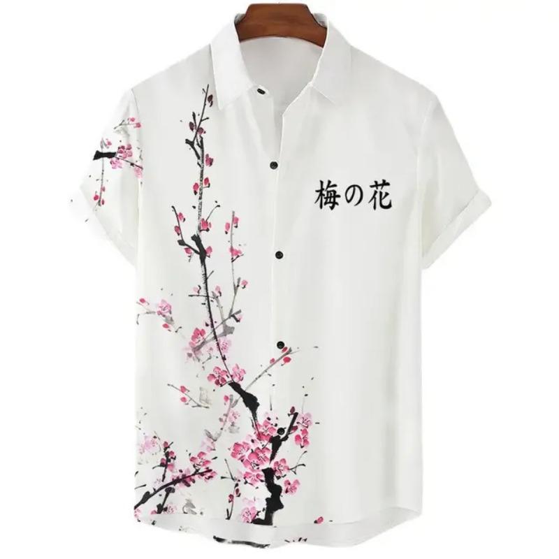 Fashionable Luxury Social Men's Shirt Lapel Button-down Shirt Casual Japanese Aesthetic Cherry Blossom Print Short-sleeved Tops