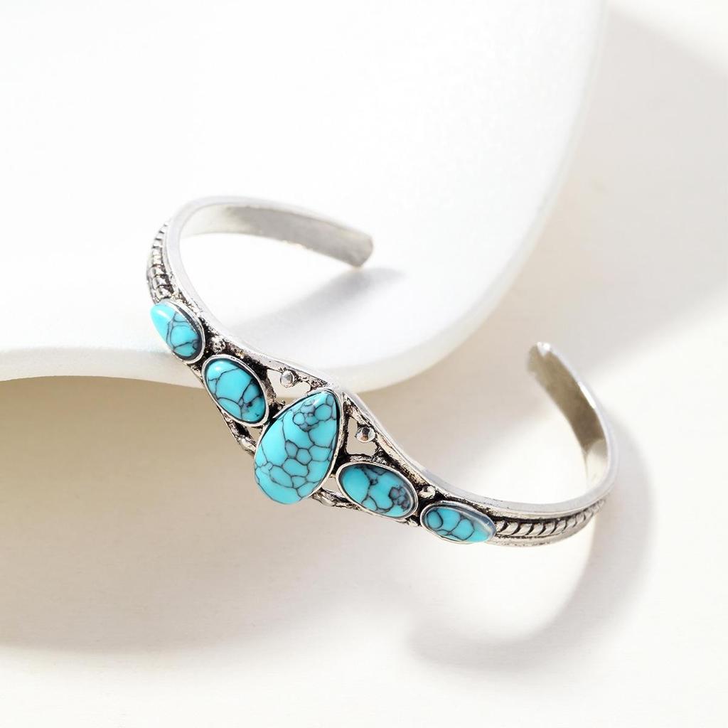 Bohemian Turquoise Carved Open Bangle Bracelet for Women