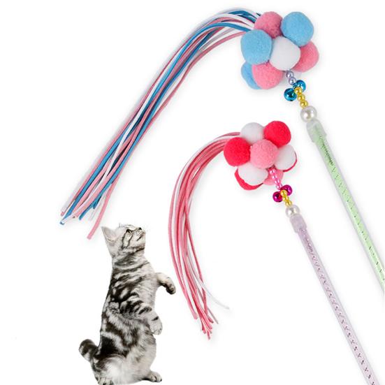 Haustier Katzen Kätzchen Pompom Plüschball Glocke Quaste Teaser Zauberstab Stock Spiel Biss Spielzeug