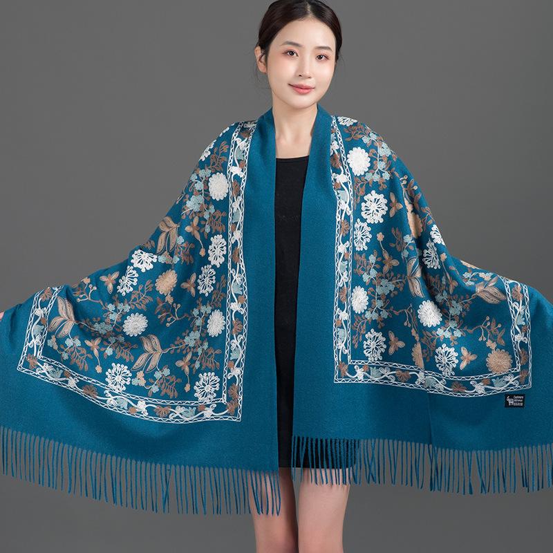 New Winter Shawl Embroider Tassel Women Shawl Thick Warm Cashmere Pashmina Scarves Lady Soft Wrap Bufanda Travel All-Match Scarf