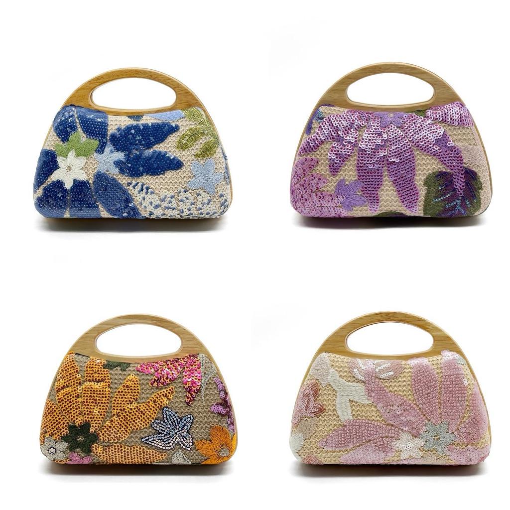 2025 Women's Embroidered Straw Sequin Handbag for Summer Outings and Picnics