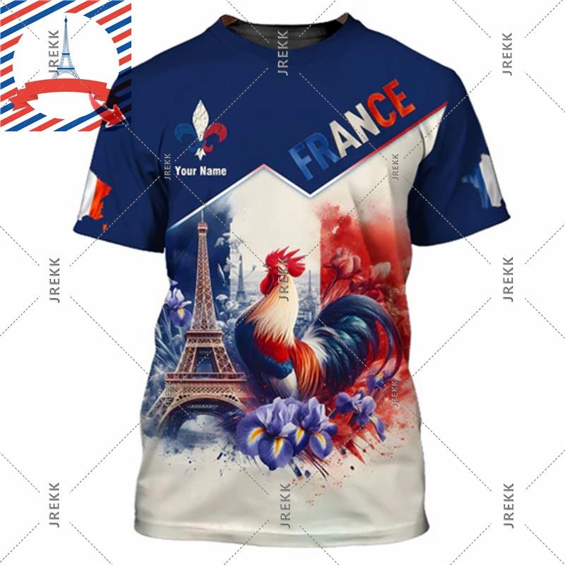 Französisches Flag Football T-Shirt für Herren 3D-Druck Hahn Rundhals-T-Shirts Benutzerdefinierter Name Streetwear Sommer Mode Trend Tee
