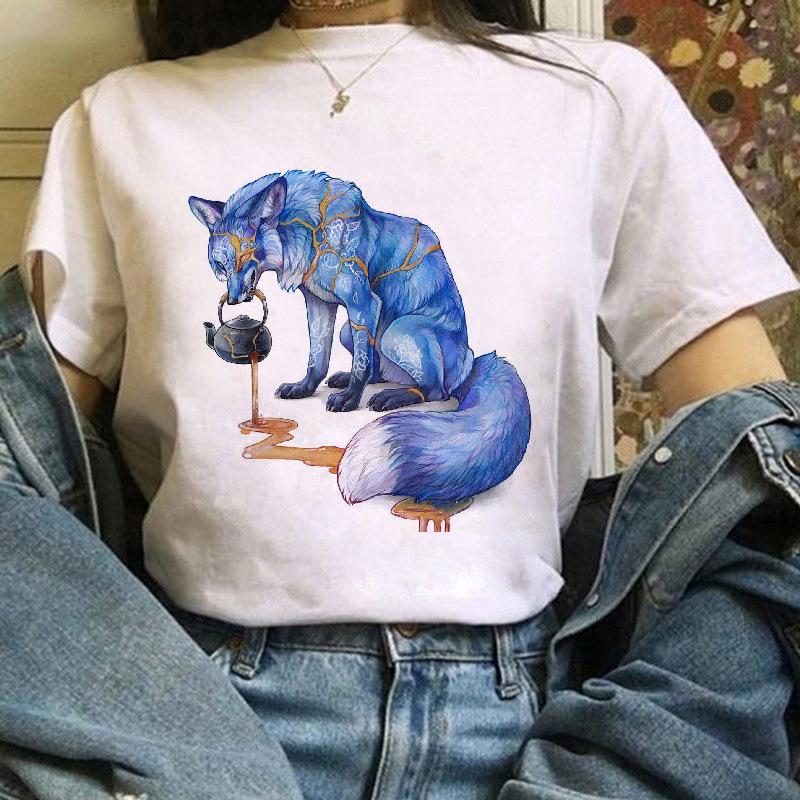 Fox Cartoon Print T Shirt Women Harajuku Casual Funny T Shir Women Clothing Tops Aesthetic Clothes Graphic T Shirts