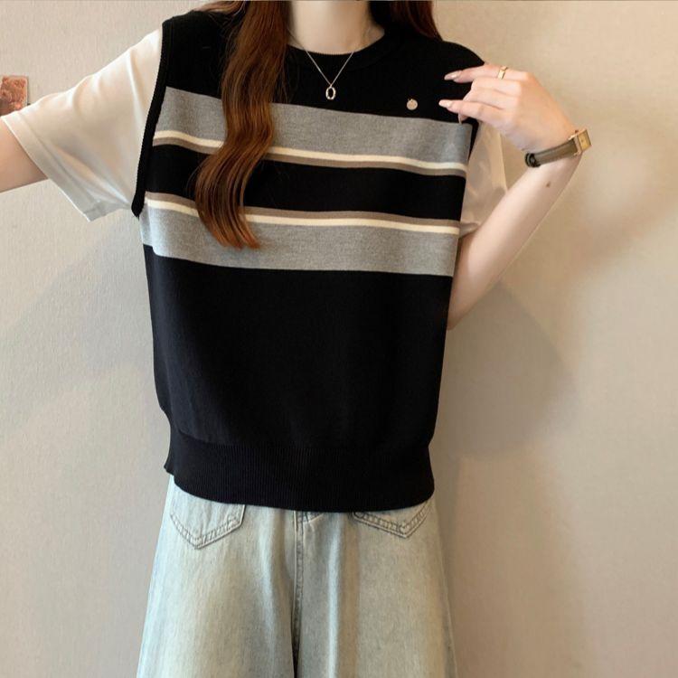 Summer Fashion Casual Versatile Short Sleeved Patchwork Round Neck Fake Two-piece Knitted T-shirt for Outerwear