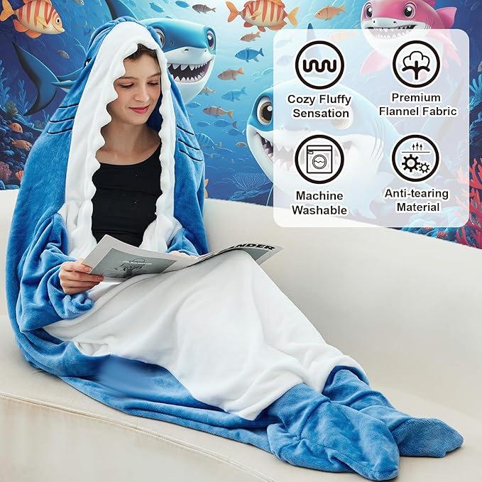 Adult Shark Pajama Hoodie: Super Soft Flannel Wearable Blanket and Sleeping Bag