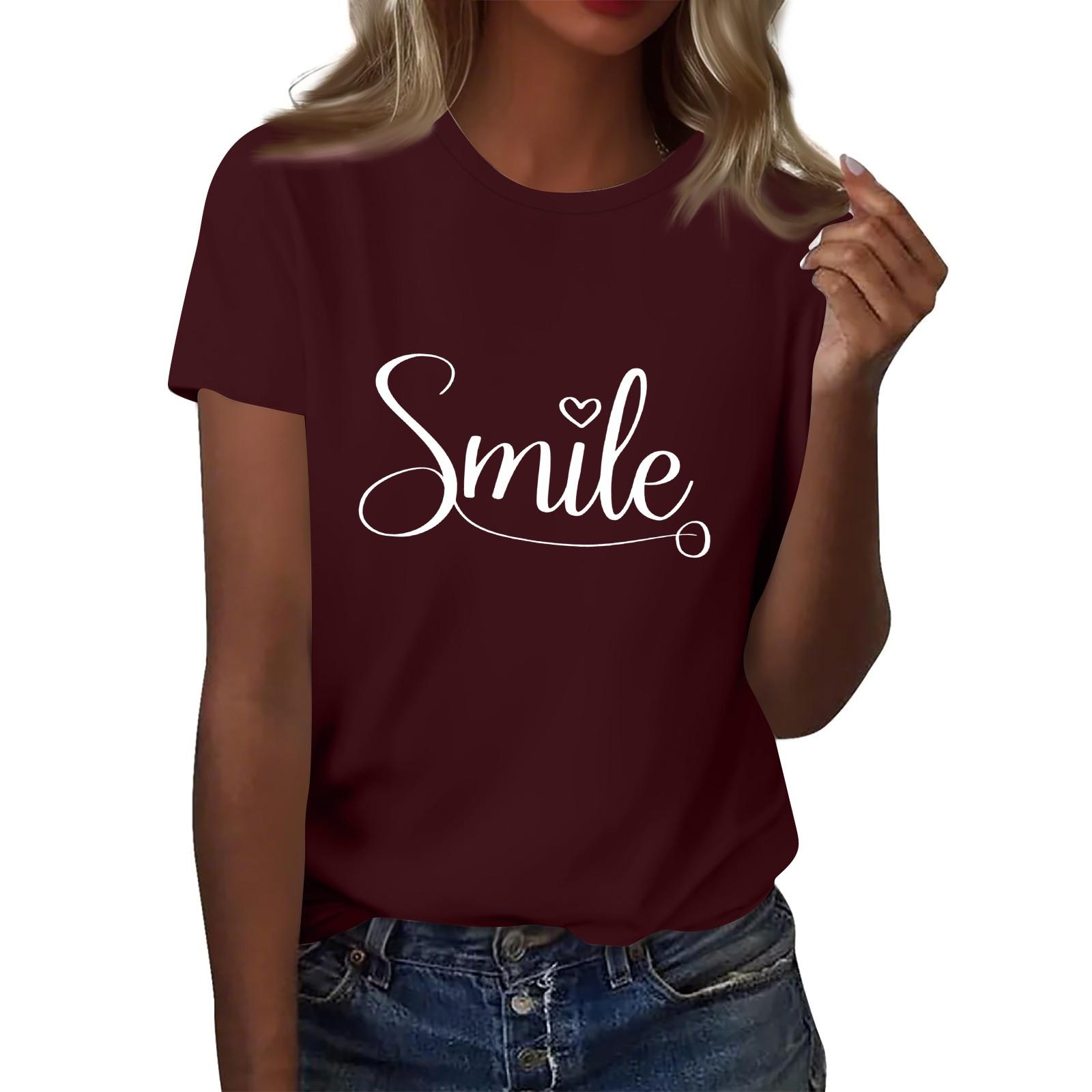 

Жіноча футболка з круглим вирізом та принтом літер Smile , топ з коротким рукавом XL винний