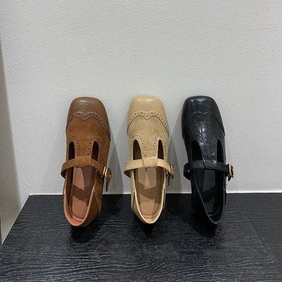 Retro Carved Square Head Shallow Mouth Single Shoes Flat-soled Small Leather Shoes Women's Niche Design French Mary Jane Shoes Autumn Women