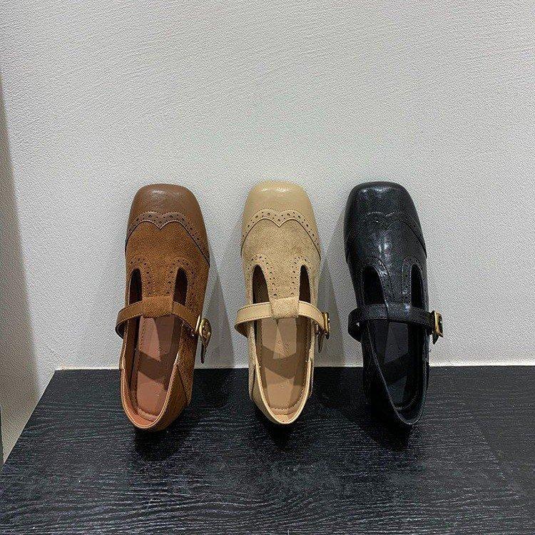 Retro Carved Square Head Shallow Mouth Single Shoes Flat-soled Small Leather Shoes Women's Niche Design French Mary Jane Shoes Autumn Women