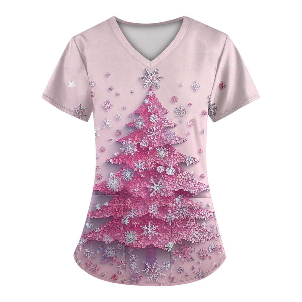 Women's Short Sleeve Christmas Printed V-Neck Pocket Uniform Top