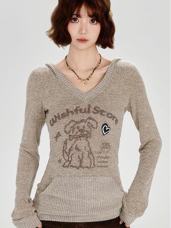 American Chic Slim-Fit Long-Sleeve Little Dog Hoodie for Women - Early Autumn Design