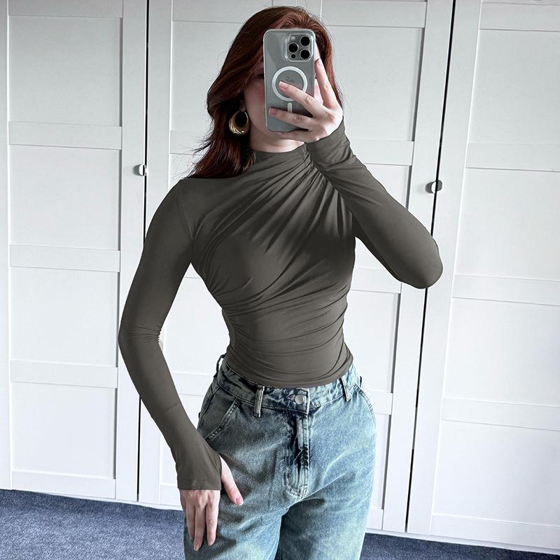2024 Autumn/Winter Slim-Fit High-Neck Pleated Long-Sleeve Women's Top