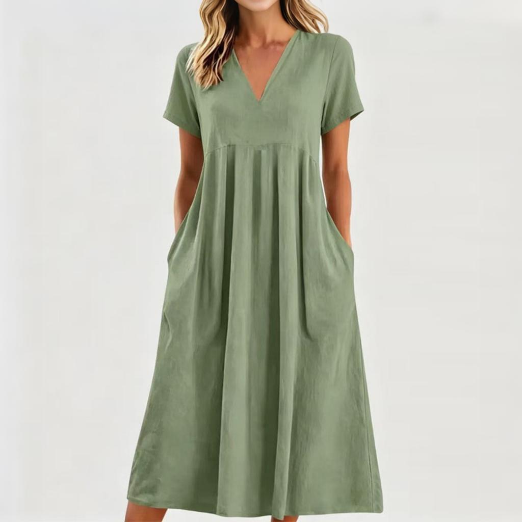 Robe midi décontractée confortable en tissu léger pour femme, col en V, manches courtes, coupe ample, avec poches, robe d'été