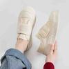 2025 summer breathable Velcro canvas shoes female niche versatile step heel two wear platform student biscuits white shoes