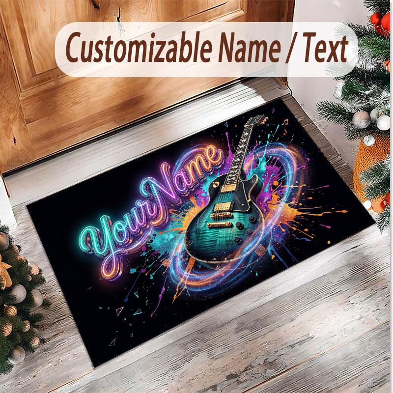 Music Guitar Theme Soft Crystal Velvet Rug Custom Name & Text Print Non Slip Floor Rug for Bedroom Living Room