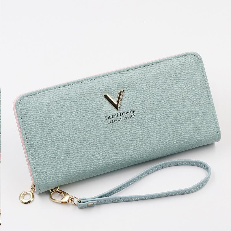 New solid color long wallet women's simple high-end lychee pattern soft leather trend zipper wallet spot