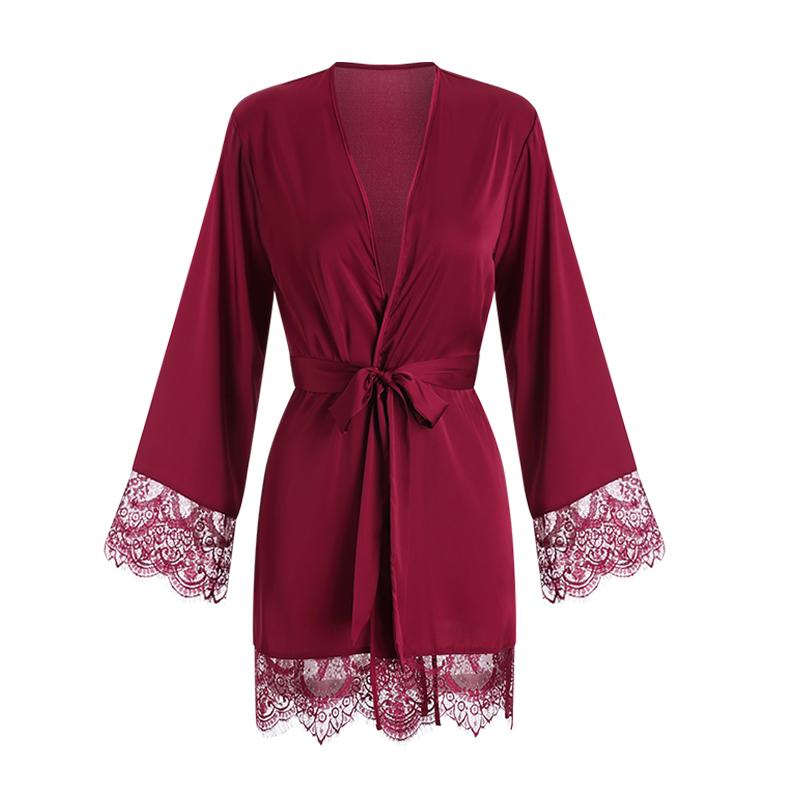 

Женская ночная рубашка, осенний однотонный атласный кружевной красный халат, простая и удобная шнуровка с V-образным вырезом, сексуальная элегантная ночная рубашка One Size красный