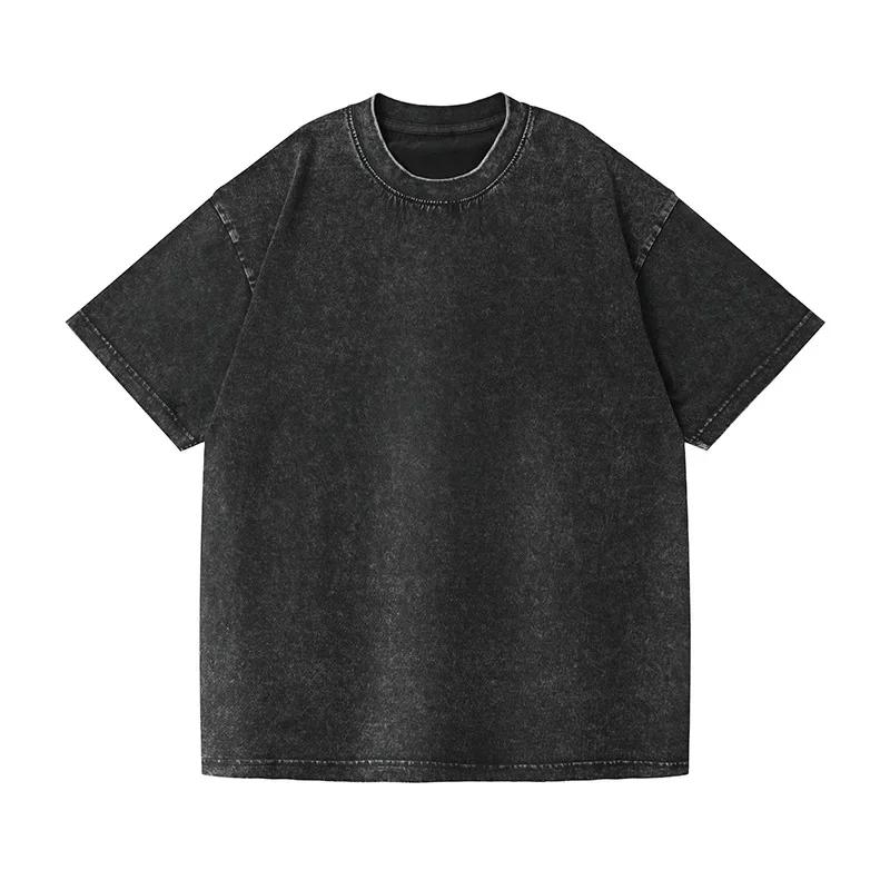 Summer Oversize Men's Cotton T-Shirt Heavyweight Wax Dyeing Washed Outdoor Style Short Sleeve Crew Neck Tops