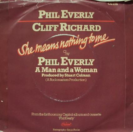 7inch Record PHIL EVERLY  CLIFF RICHARD  She Means Nothing To Me CL276 Capitol Records 1983 UK Rock Used