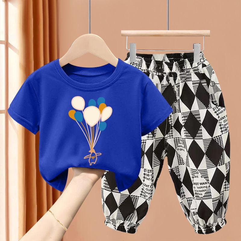 New Boys' Short Sleeve Set Medium and Small Girls' T-shirt Two Piece Set