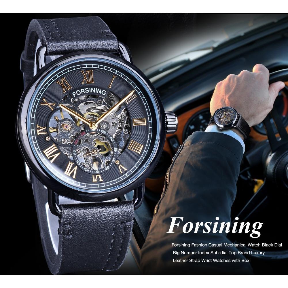 Forsining Watch Men's Fashion Casual Classic Hollow-out Waterproof Manual Mechanical Watch GMT1134-4-A