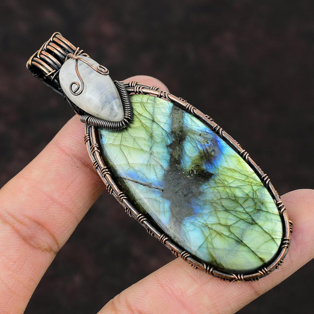 Labradorite Pendant Copper Wire Wrapped Pendant Gemstone Pendant Handmade Rainbow Moonstone Jewelry Gift For Her Antique Copper Wire Jewelry