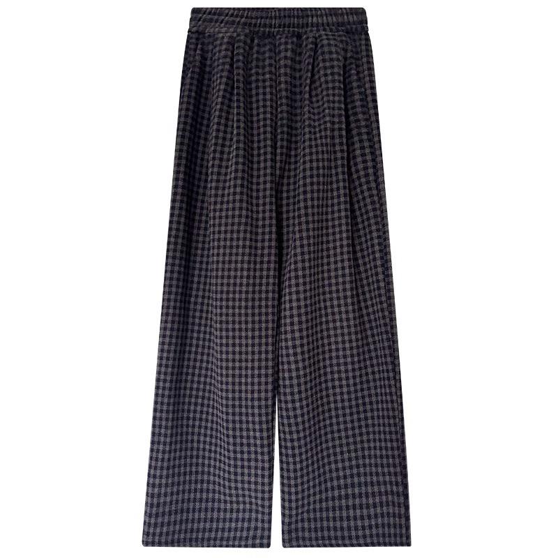 Women's Retro Wool & Velvet Plaid Wide-Leg Pants - Loose, Straight-Leg, for Autumn & Winter