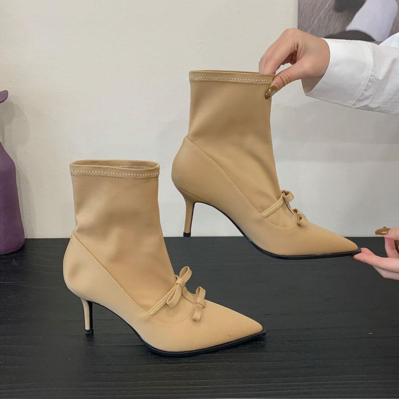 Fashion Fashion Elastic Women Ankle Stretch Boots Heels Shoes Butterfly-Knot Female Pointed Toe Ladies Modern Boots Slip On Shoes