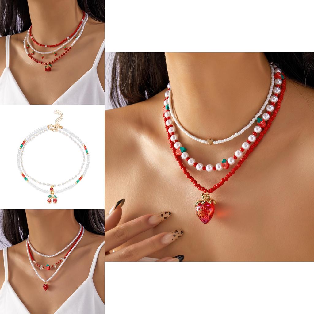 Romantic Heart Pearl Choker Necklace With Cherry And Strawberry Charms For Girls
