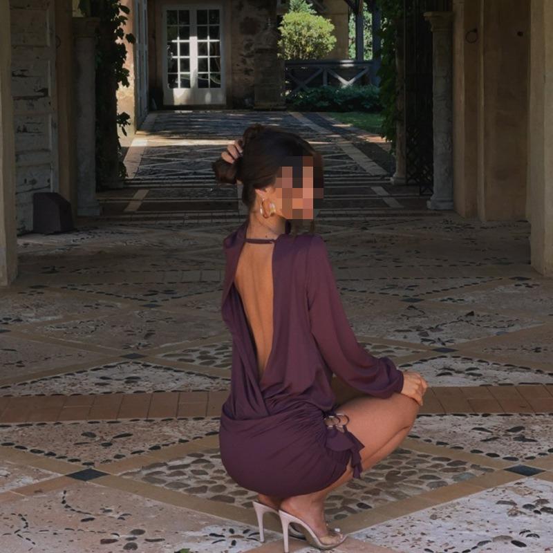 Spring Sexy Deep V-neck Solid Color Long Sleeved Hip Hugging Dress for Women