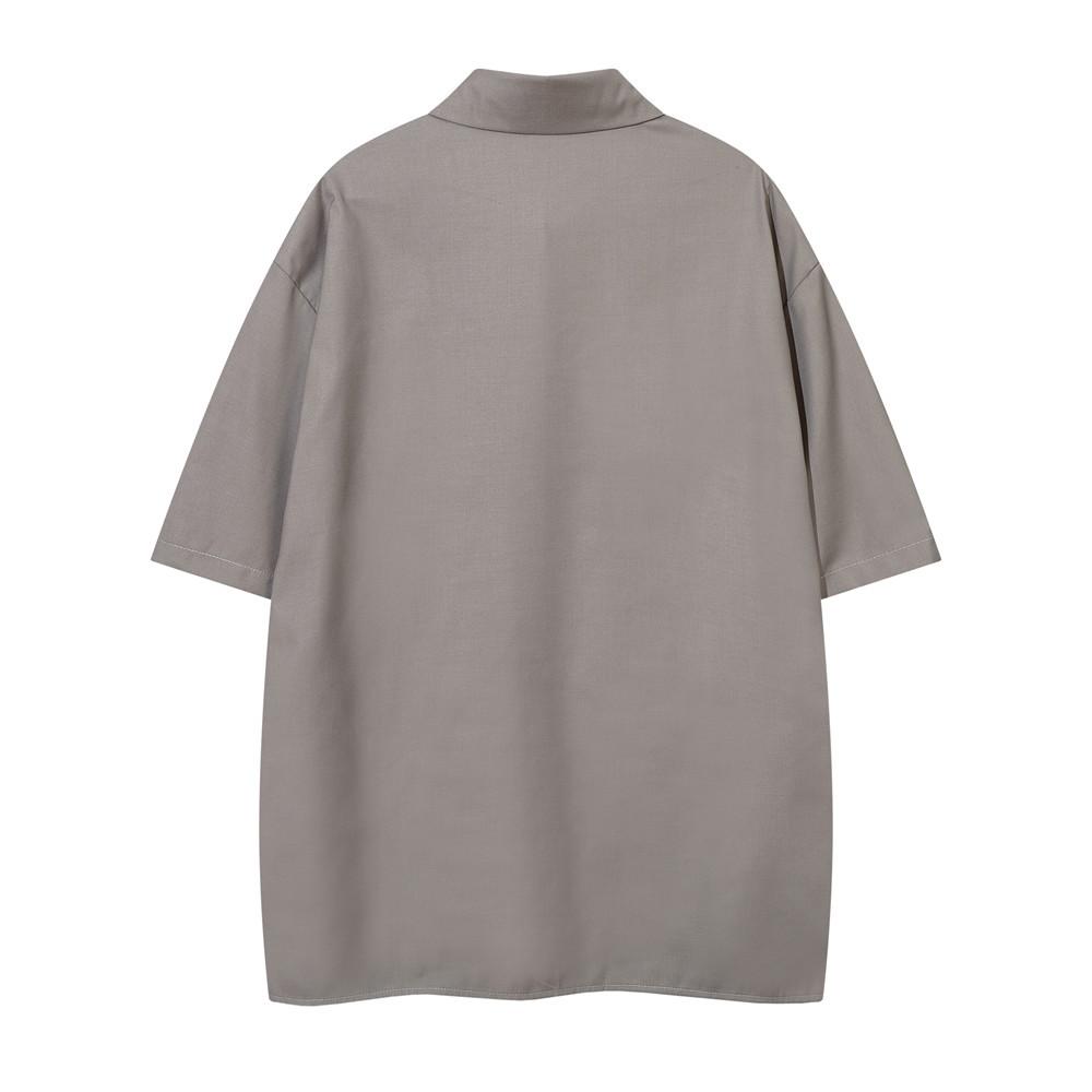 3D Pleated Solid Color Short Sleeved Shirt Top for Men's Summer Design, American Loose Collar Cardigan Shirt