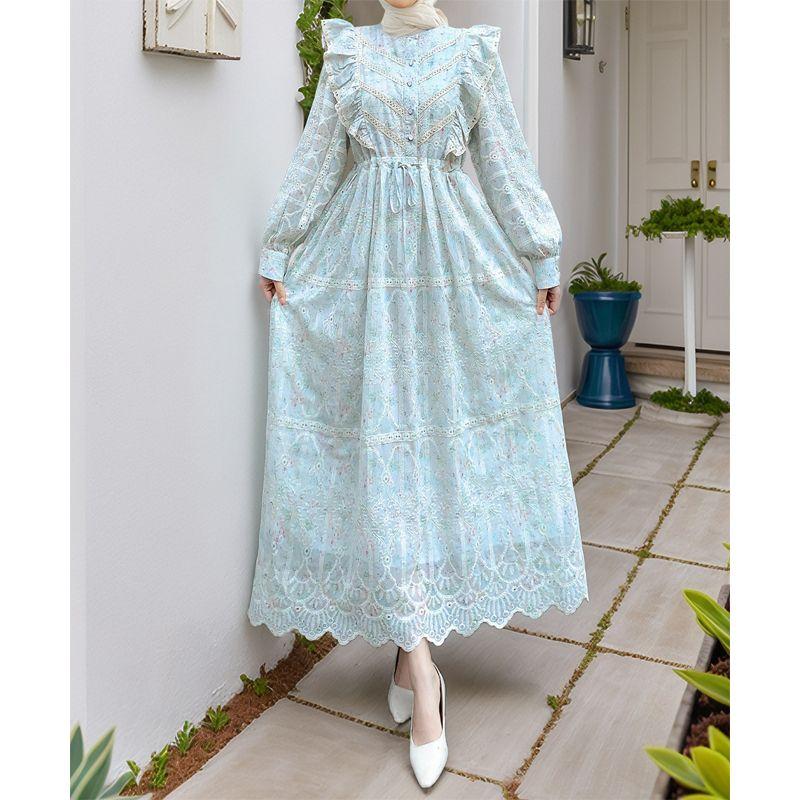 2025 Middle East New Hollow Embroidery Frill Patchwork Lace Floral Foreign Trade Robe Dress Dress