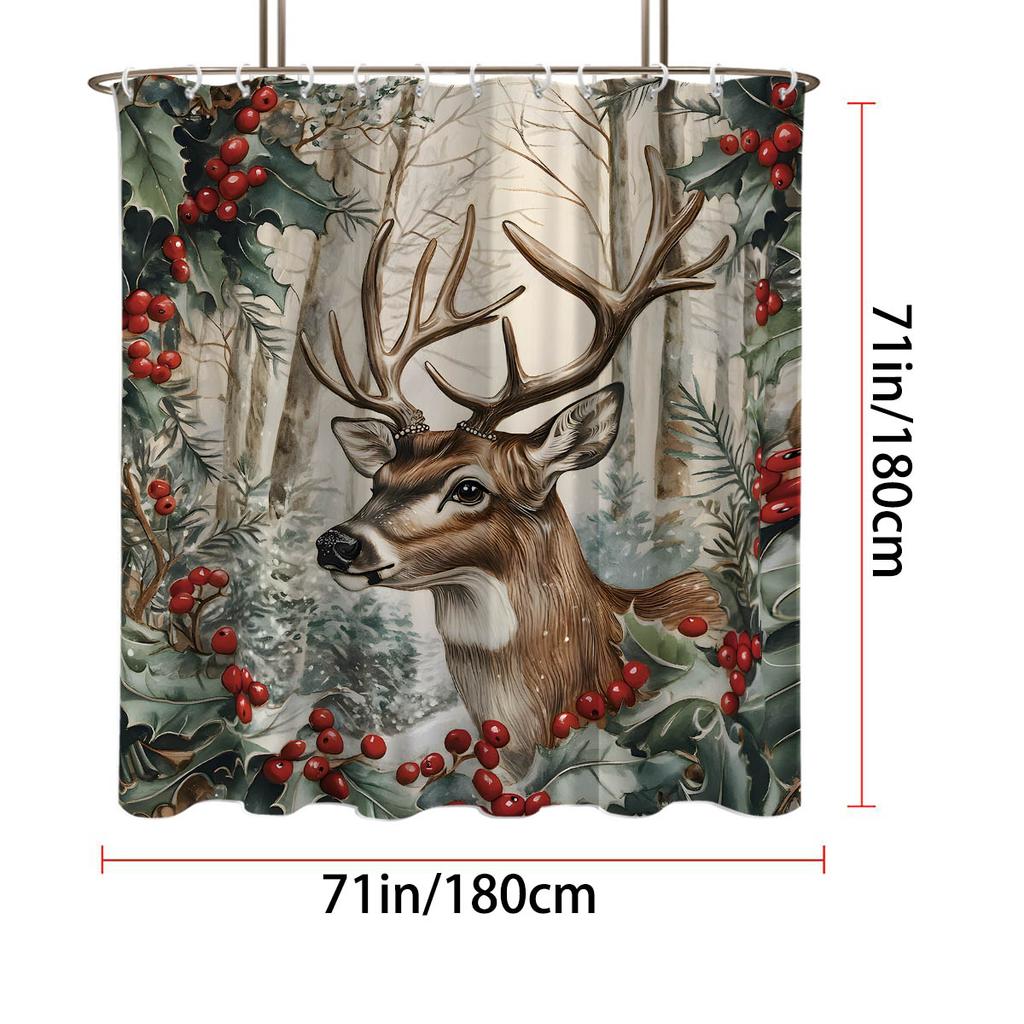 1pc Christmas Reindeer Print Waterproof Shower Partition Privacy Hanging Curtain with 12 Hooks, Multiple Sizes, Machine Washable