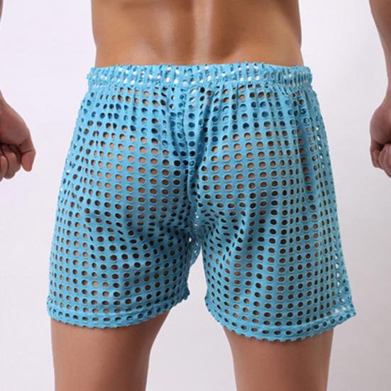 Erotic Men Solid Color Mesh See Through Hollow out Drawstring Shorts Beach Pants