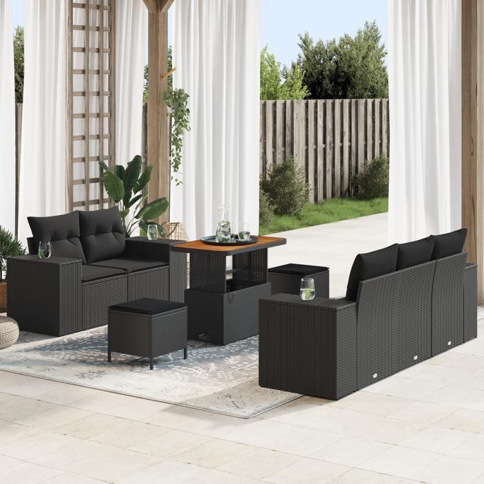 Ensemble de Canapé de Jardin vidaXL 8 Pièces avec Coussins Noir Rattan Poly Acacia, Ensemble de Salle à Manger de Jardin 3363899
