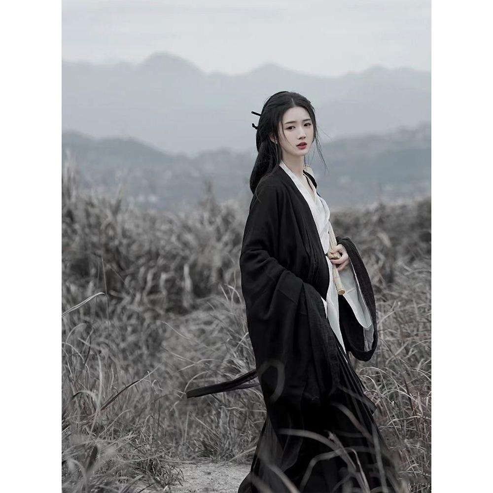 Dámská černá košile s velkým rukávem s křížovým límečkem ve stylu čínské dynastie Wei a Jin, kompletní sada